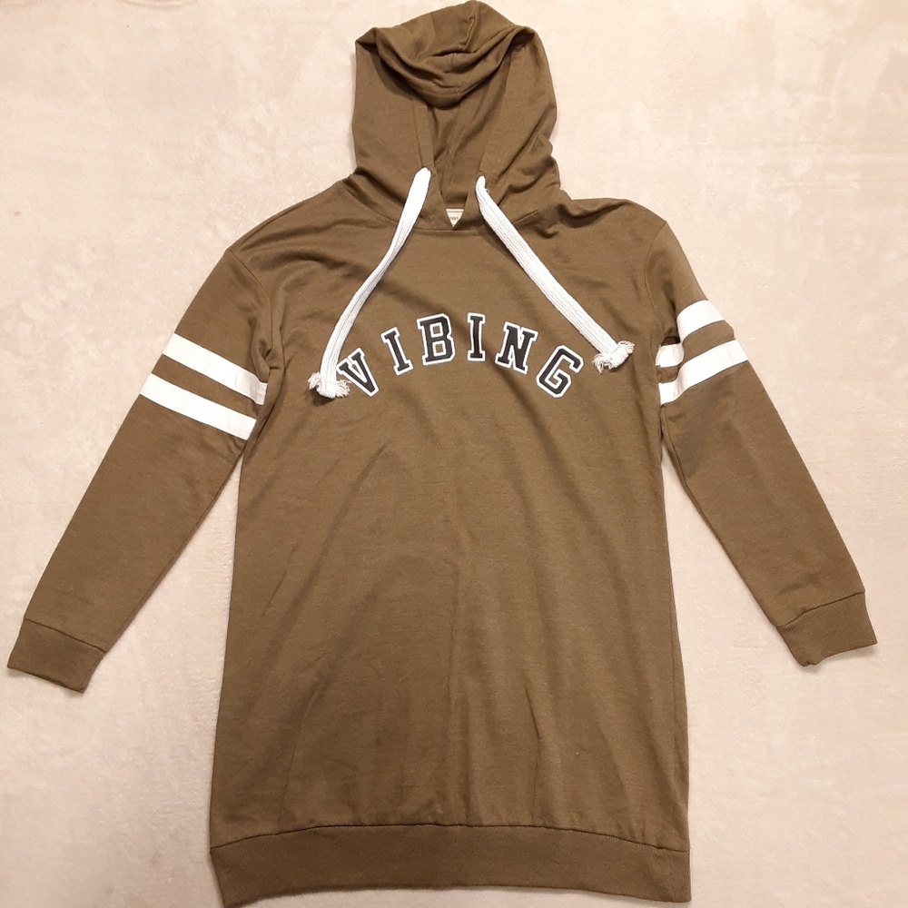 No Comment Womans Olive Green Terry Hoodie Dress M Drawstring "VIBING" Striped